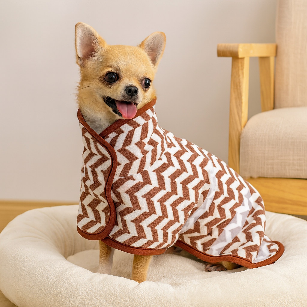 Chihuahua de couleur claire portant un peignoir pour chien de couler rouge et blanc. Le chien est assis dans un panier pour chien de couleur blanc avec en fond un fauteuil gris. Image produit Boutiquechien