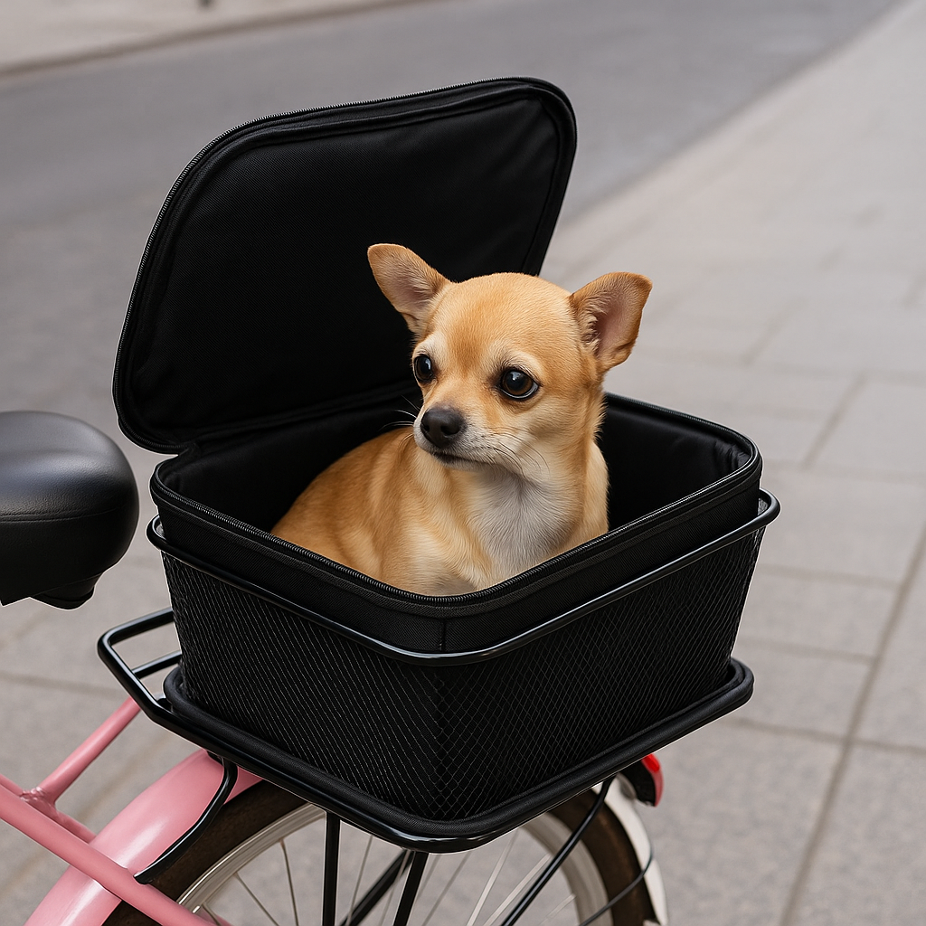 chihuahua claire posé dans un panier vélo de couleur blanc. Le panier chien vélo est de couleur noir avec un vélo rose dans la rue. Image produit Boutiquechien