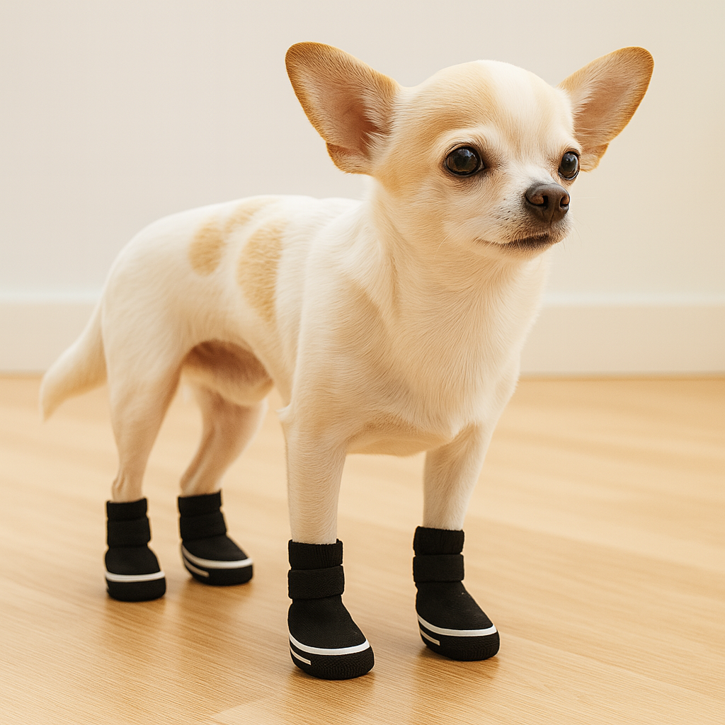 Chihuahua de couleur blanc portant des bottes pour chiens de couleur noir et blanc. Le petit chien est sur un parquet en bois avec un mur blanc. Image produit Boutiquechien