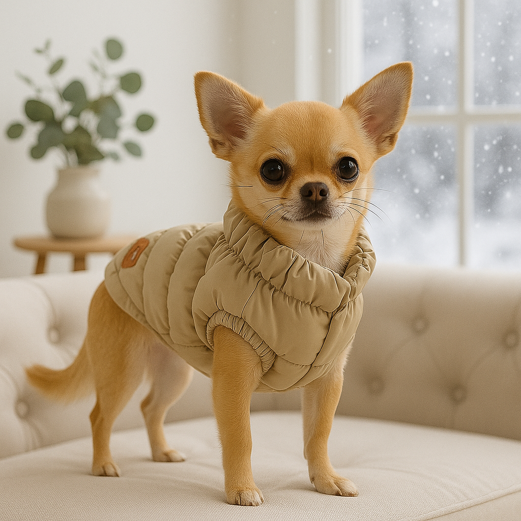 Chihuahua de couleur claire portant une veste de couleur claire. Le chien est debout sur un coussin de canapé avec en fond une plante verte et une fenêtre. Image produit Boutiquechien