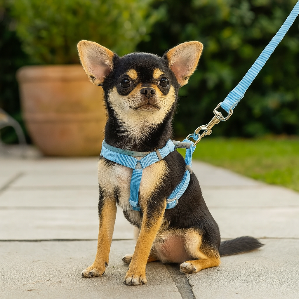 chihuahua de couleur noir et brun portant un harnais pour chihuahua de couleur bleu maintenu par la laisse assortie. En fond il y a une plante verte et une haie verte. Image produit Boutiquechien