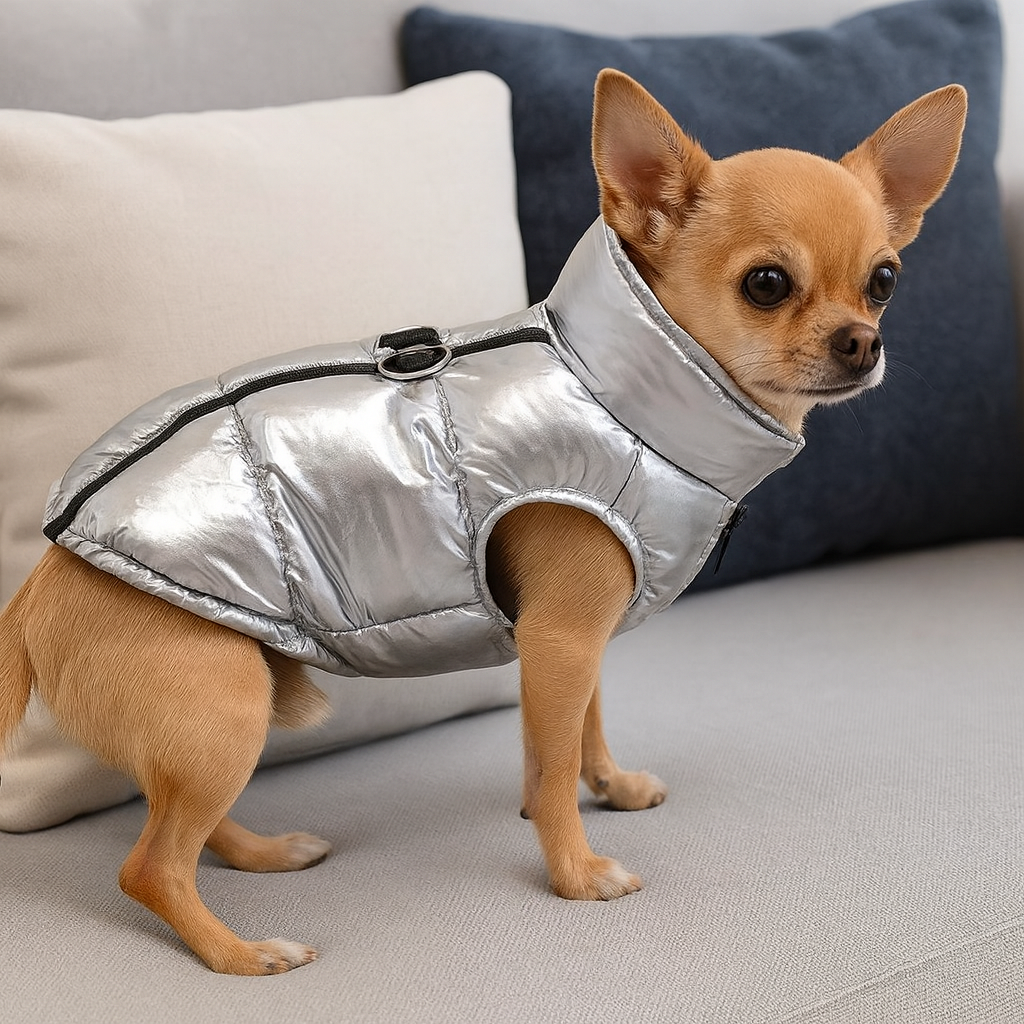 Petit chihuahua de couleur claire avec une doudou argenté sur un canapé de couleur gris avec en fond des coussins. Image produit Boutiquechien