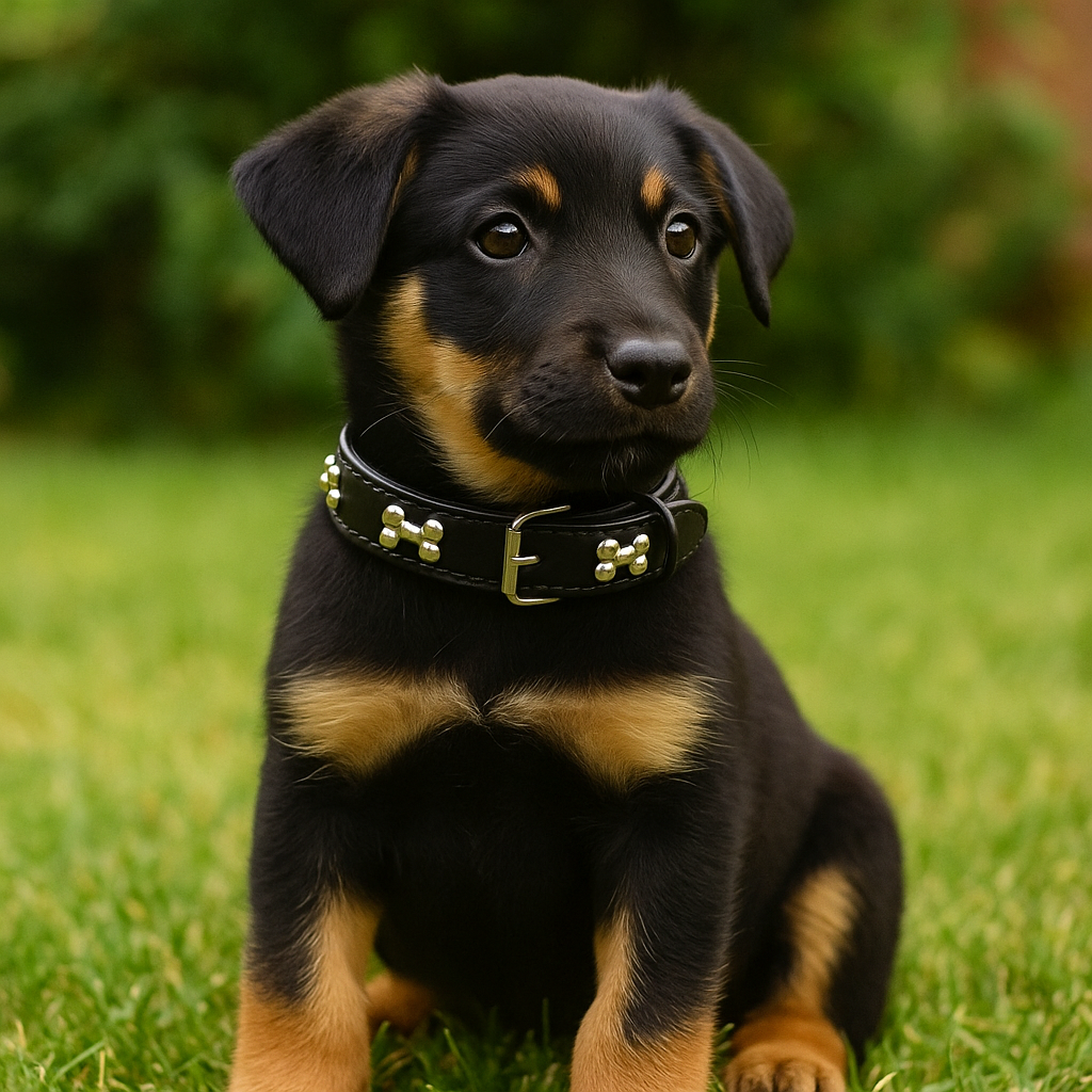 Chiot portant un collier noir et brun pour petit chien. Image produit Boutiquechien