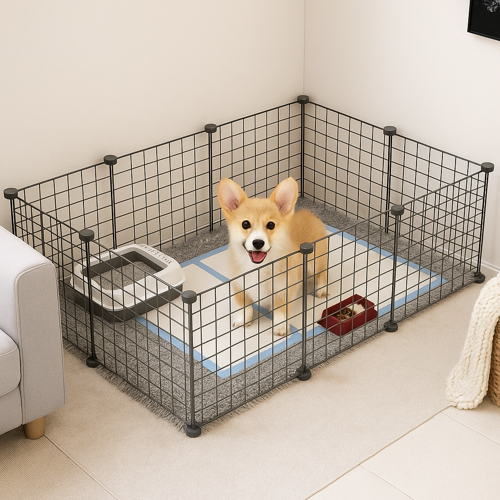 chiot de couleur claire en rectangle de couleur gris. Le chiot est dans la cage sur un tapis de propreté et une litière. Image produit Boutiquechien