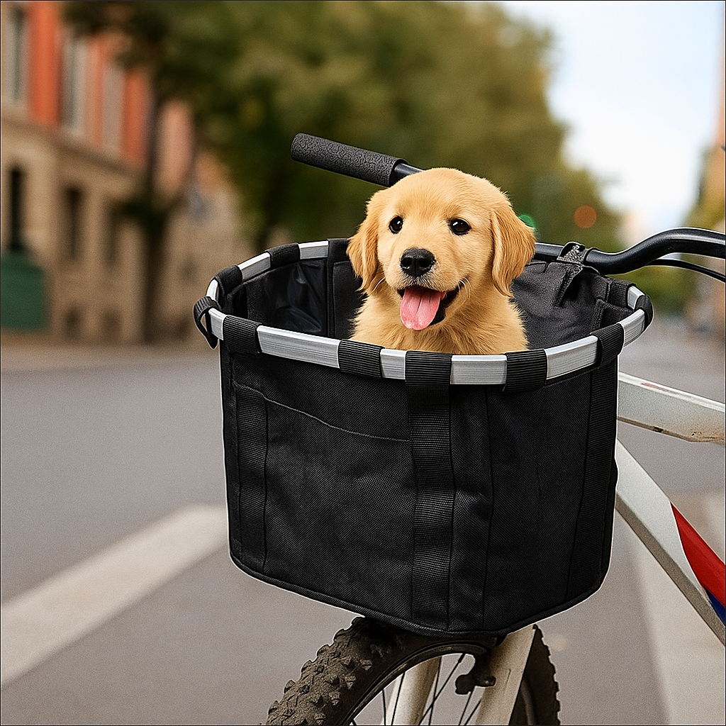 Chiot dans panier chien vélo de couleur noir. Le panier chien est en ville. Image produit Boutiquechien