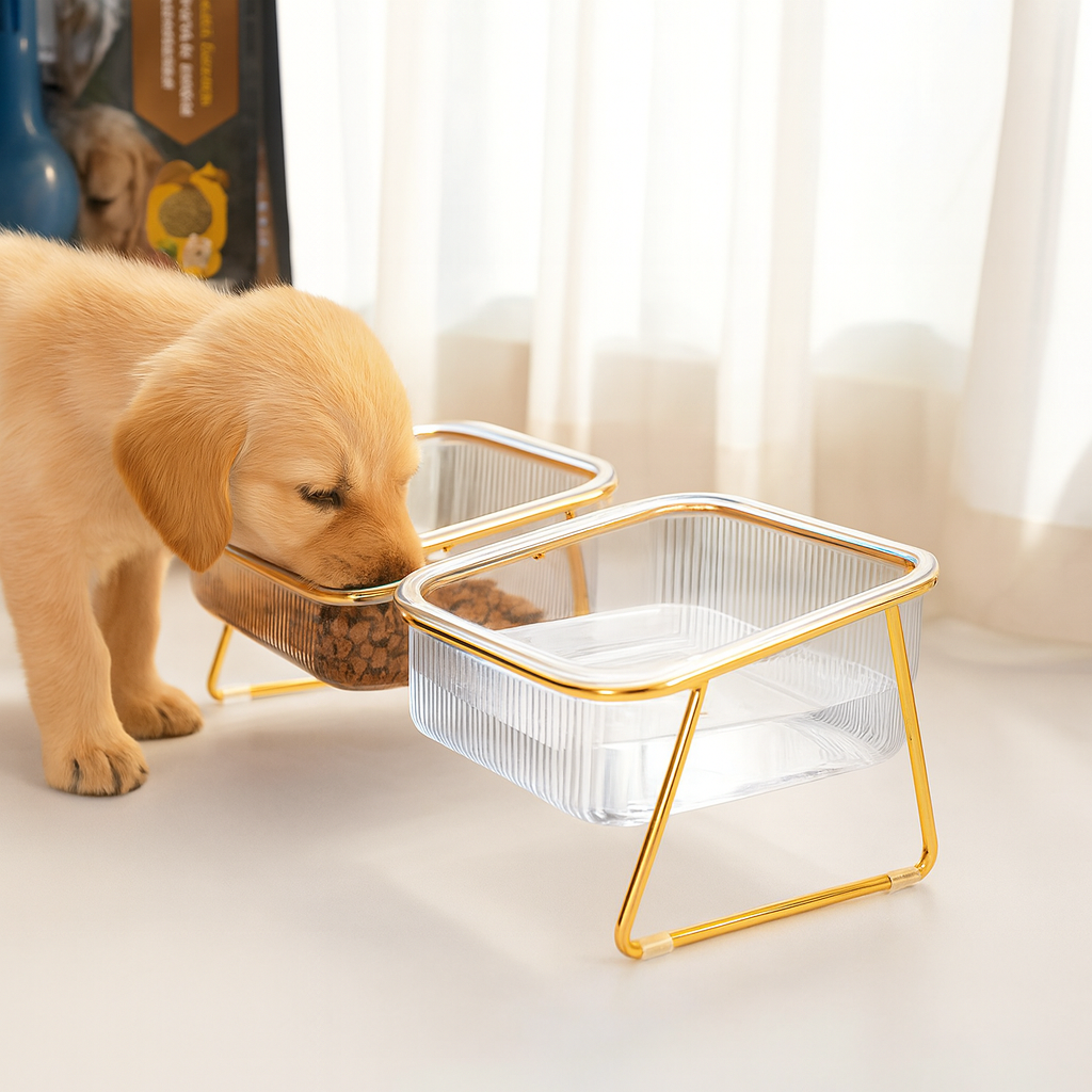 Chiot de couleur blanc mangeant et buvant dans sa gamelle transparente couleur or. Le produit est sur un sol blanc avec en fond un rideau blanc.Image produit Boutiquechien