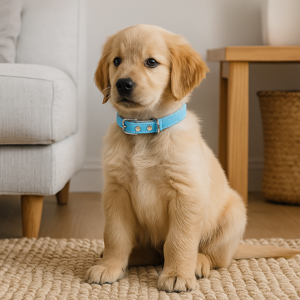 Chiot de couleur claire. Le chiot est un petit golden retriever de couleur claire avec en fond un canapé de couleur gris et une table basse. Image produit Boutiquechien
