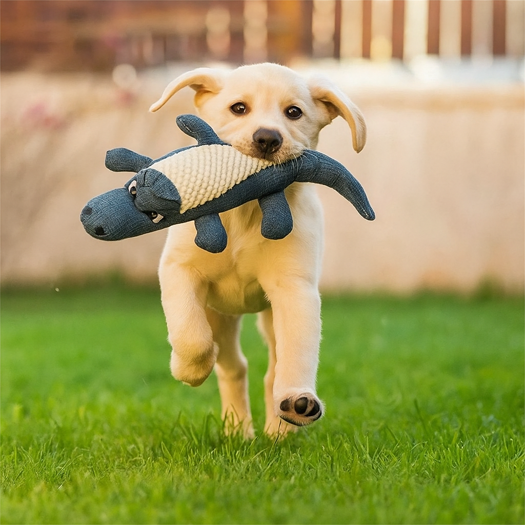 Chiot golden retriever de couleur blanc jouant avec son crocodile résistant de couleur bleu dans son jardin. Image produit Boutiquechien