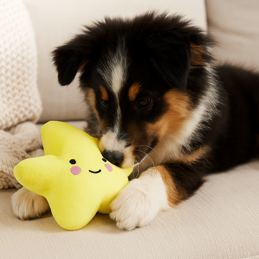 peluche chien en forme d'étoile jaune avec un chiot de couleur noir et blanc jouant avec la peluche sur le canapé blanc. Image produit Boutiquechien