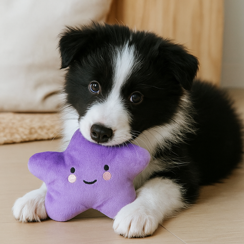 chiot noir et blanc avec en fond une image Claire. Le chiot joue avec son étoile peluche de couleur violette. Image produit Boutiquechien