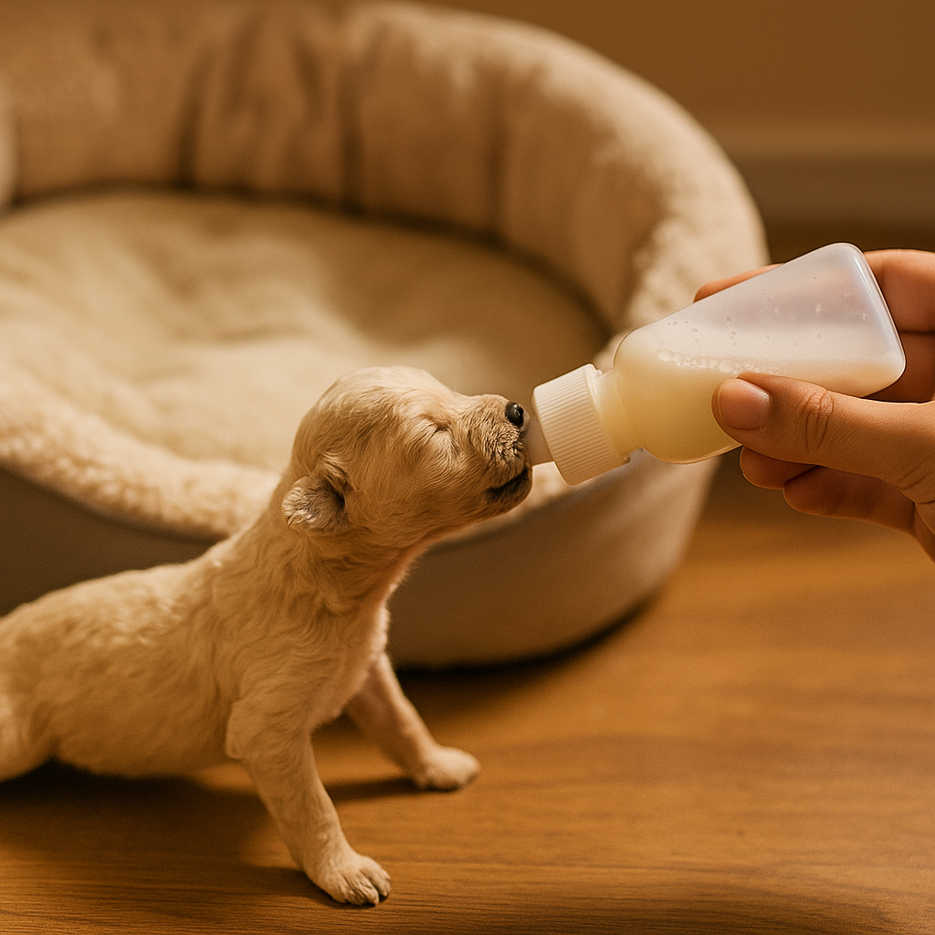 chiot se faisant nourrir au biberon chiot de couleur blanc. En fond il y a un panier chien. Image produit Boutiquechien