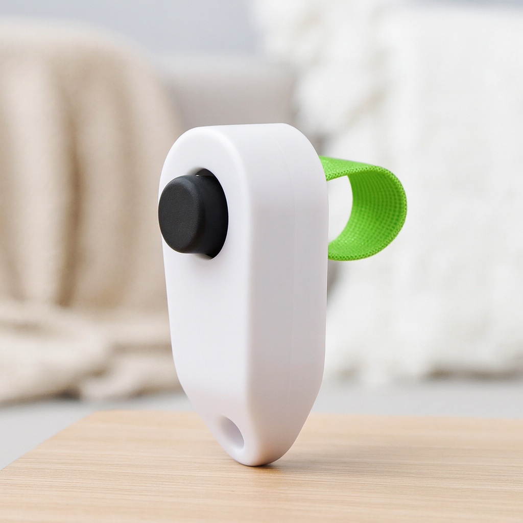 Clicker pour chien de couleur blancet noir avec attache verte. Le produit est mis en valeur dans un fond claire. Image produit Boutiquechien