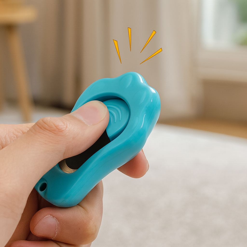 Clicker de couleur bleu pour chiens tenu par une main. En fond il y a un salon de couleur claire. Image produit Boutiquechien
