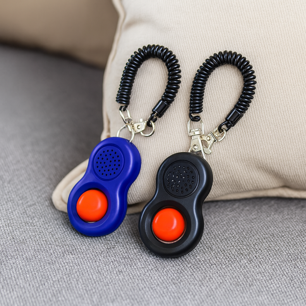 Clicker bleu et noir sur un canapé de couleur gris. Les clochers sont posés contre l'oreiller. Image produit Boutiquechien