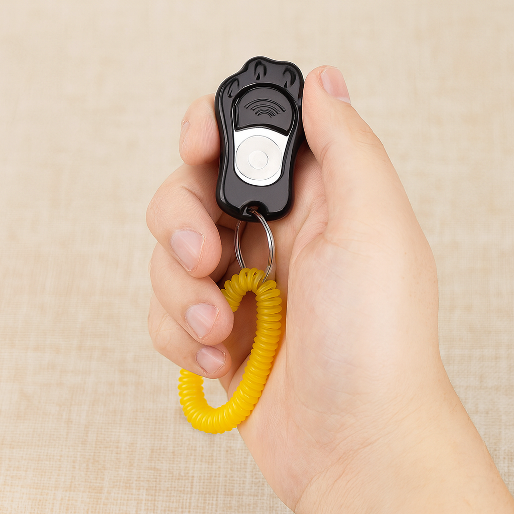 Clicker pour chien de couleur noir avec une main le tenant. Image produit Boutiquechien