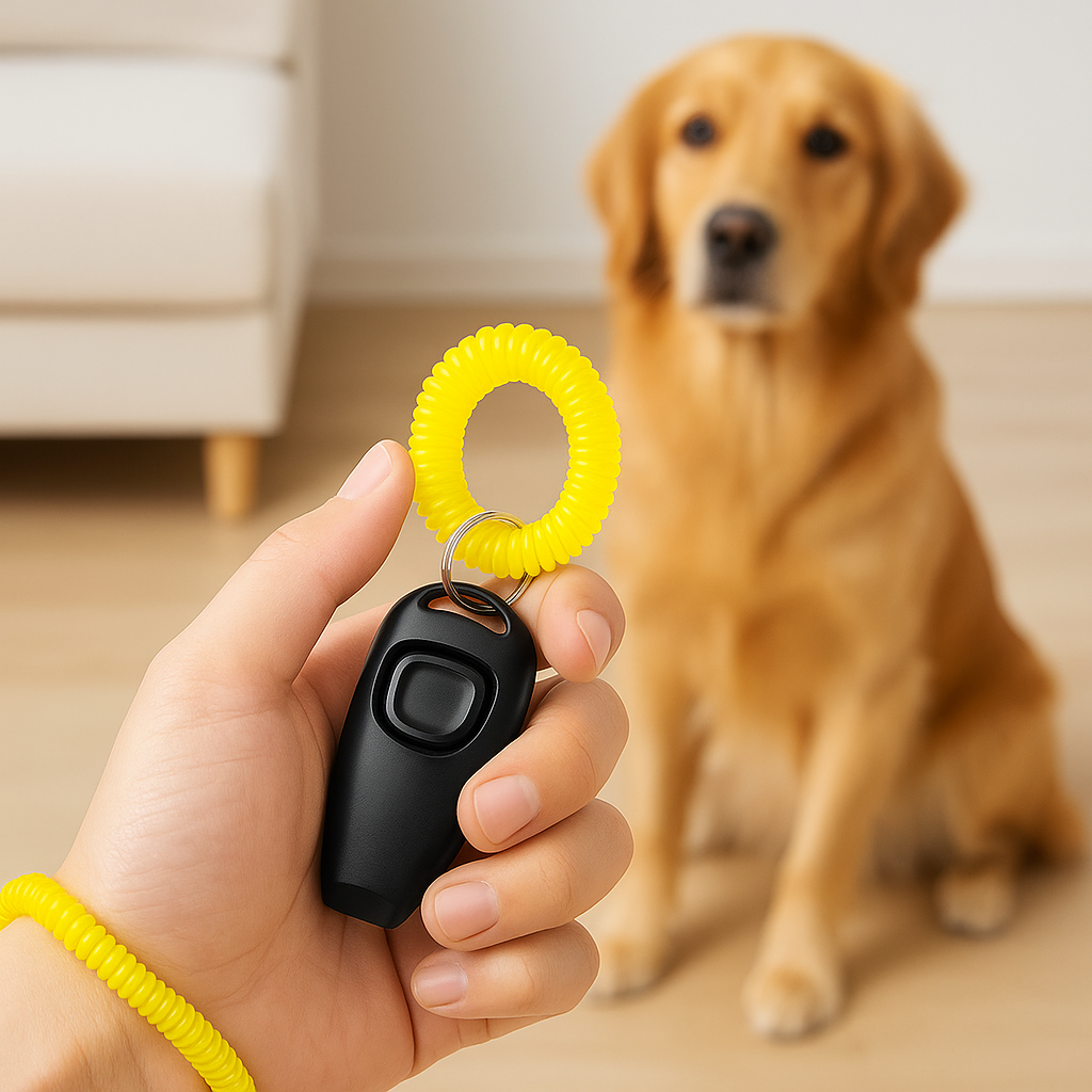 Clicker pour chien de couleur noir avec en fond un chien brun assis. Le chien est près d'un canapé blanc. Image produit Boutiquechien