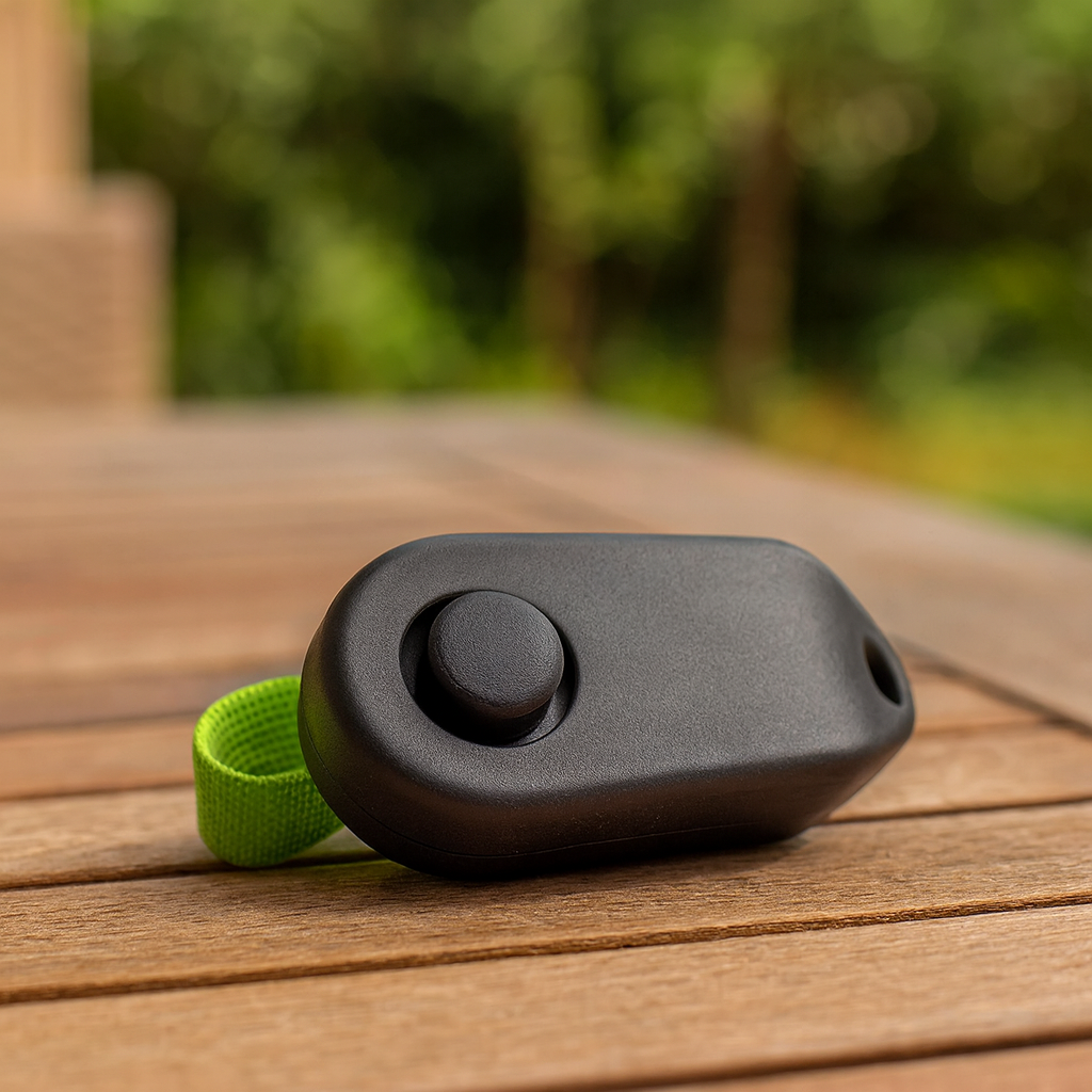 Clicker pour chien de couleur noir posé sur une table en bois avec en fond la verdure. Image produit Boutiquechien