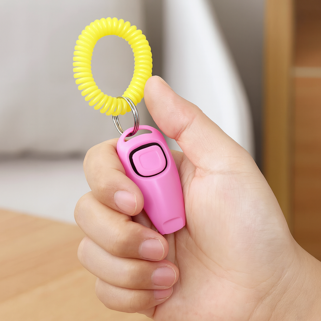 Clicker pour chien de couleur rose avec une main le tenant. Image produit Boutiquechien