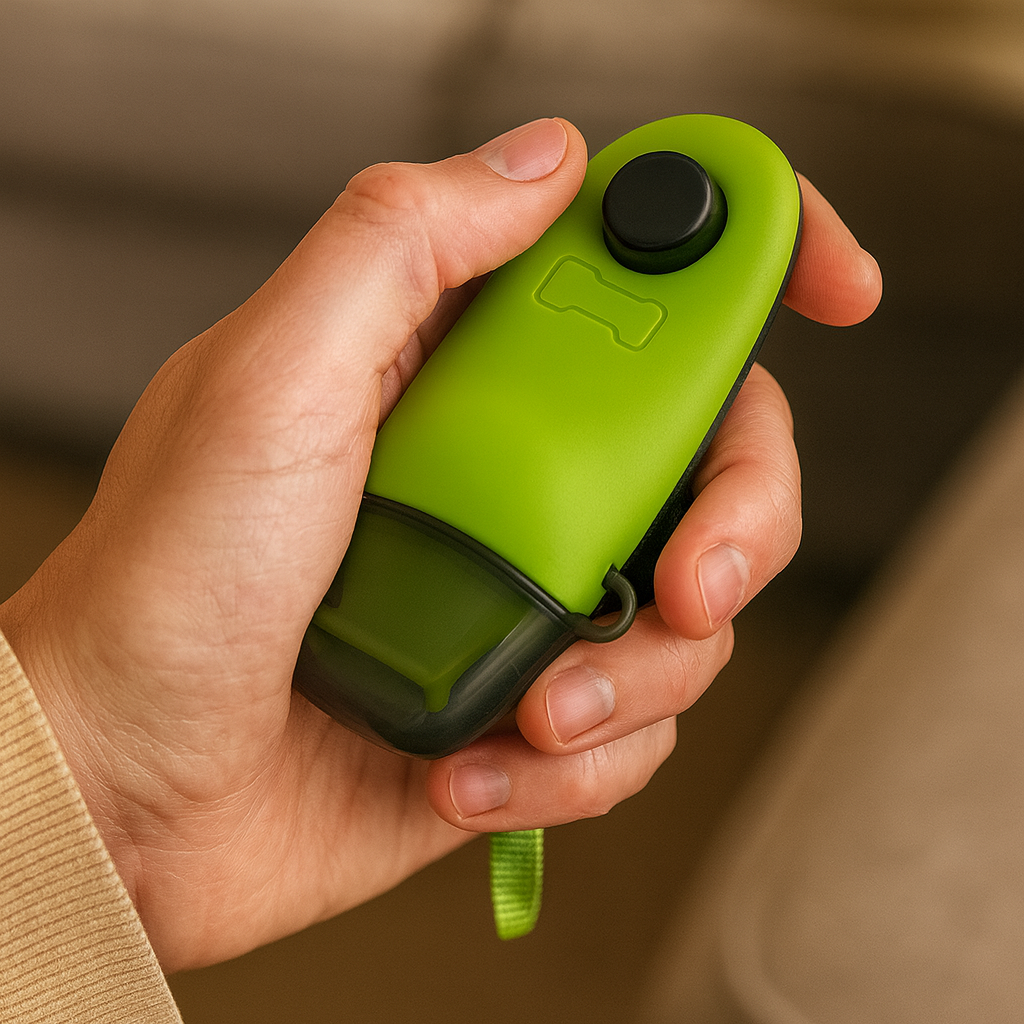 Clicker/ sifflet pour chien tenu dans une main avec en fond un canaoé. Image produit Boutiquechien