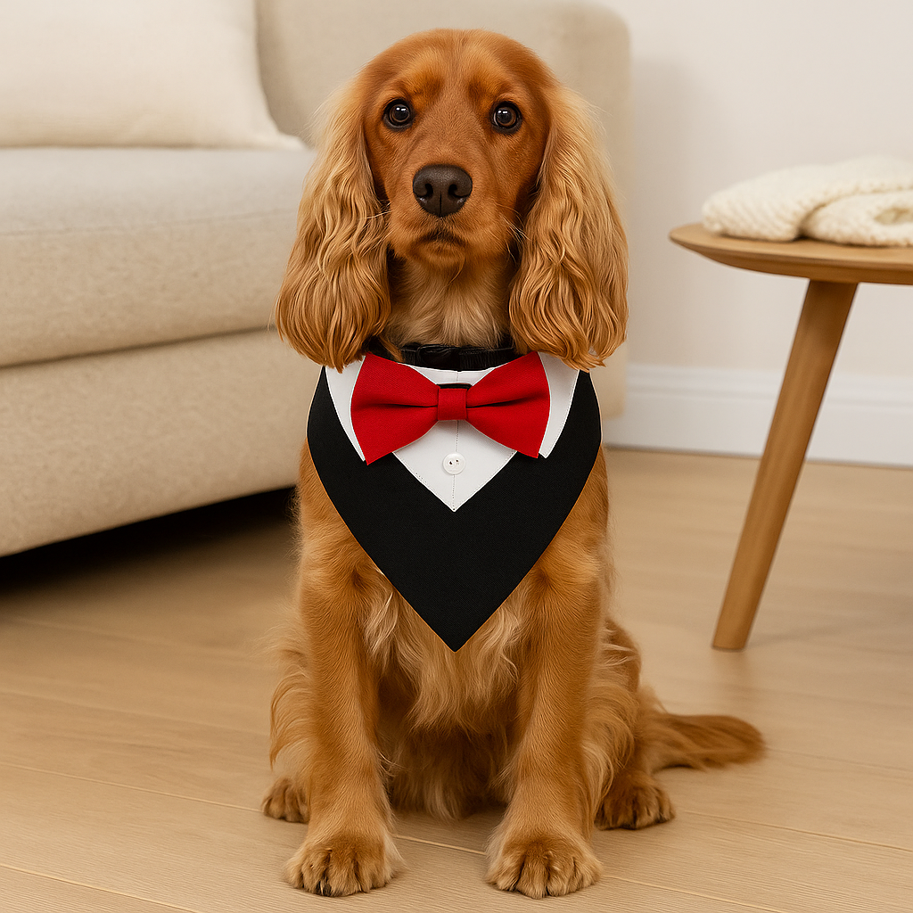 Cocker Français de couleur roux portant un bandana pour chien de couleur noir et rouge. Le chien est assis devant une table basse en bois et un canapé de couleur gris. Image produit Boutiquechien