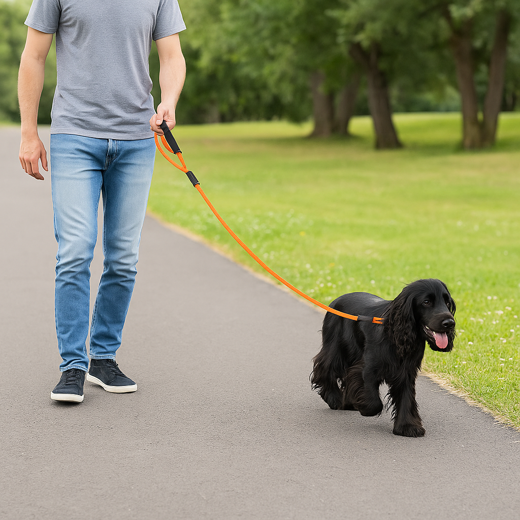 Cocker anglais noir se promenant avec la laisse en nylon réfléchissant de couleur orange. Image produit Boutiquechien