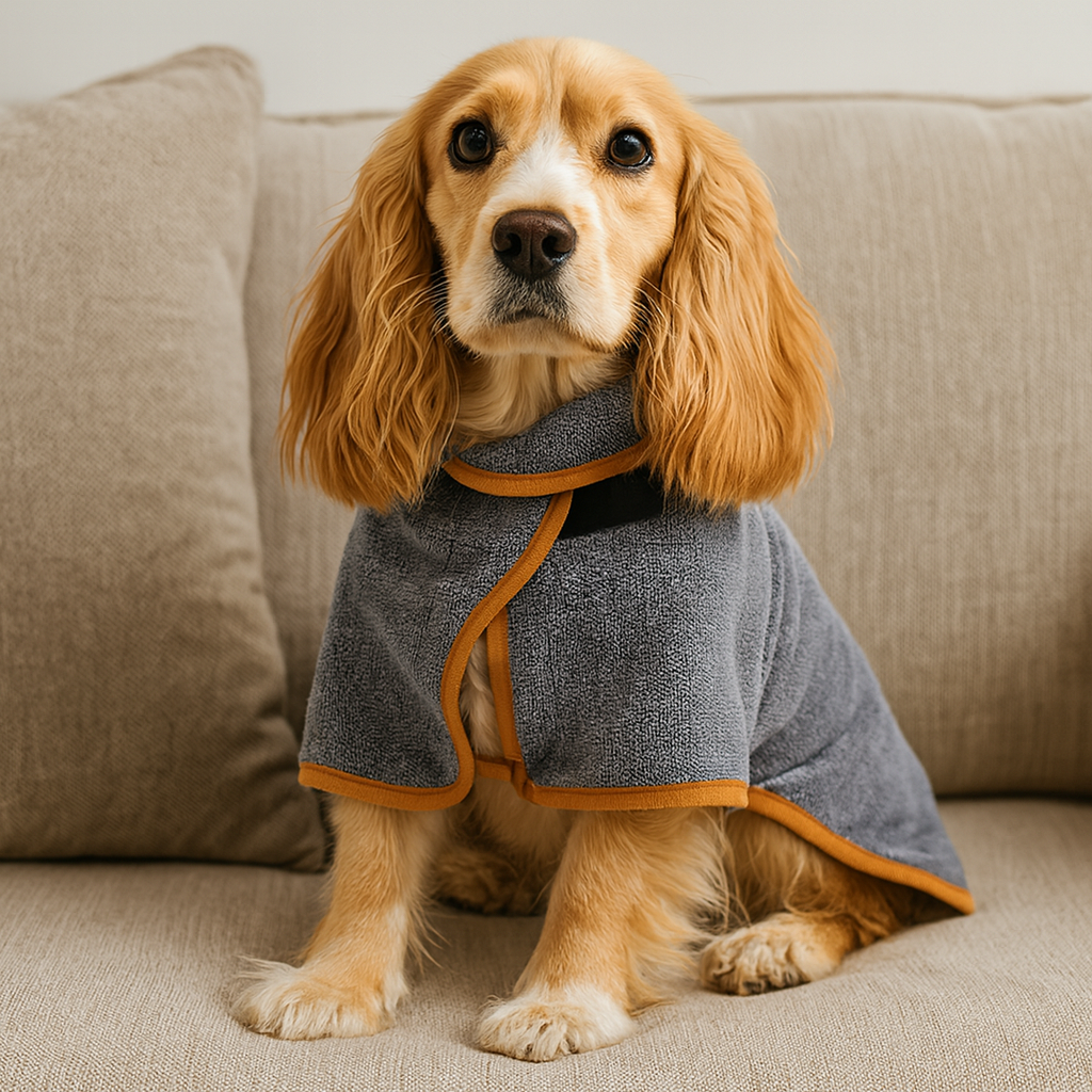 Cocker de couleur claire portant un peignoir pour chien de couleur gris et orange. Le chien est assis sur un canapé de couleur gris pour chien. Image produit Boutiquechien