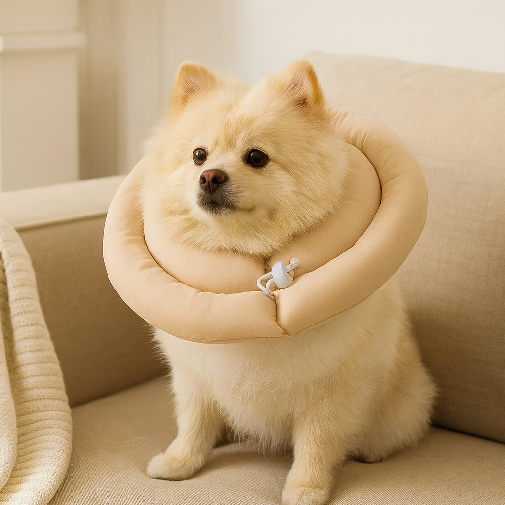 Petit chien de couleur blanc portant une collerette pour chien ronde couleur beige. Le chien est assis sur un canapé blanc. Image produit Boutiquechien