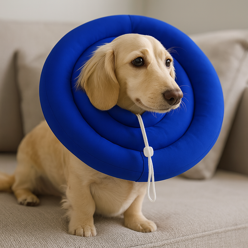 Collerette pour chien de couleur Bleau sur un petit de couleur blanc. Le chien est couché sur un canapé gris. Image produit Boutiquechien