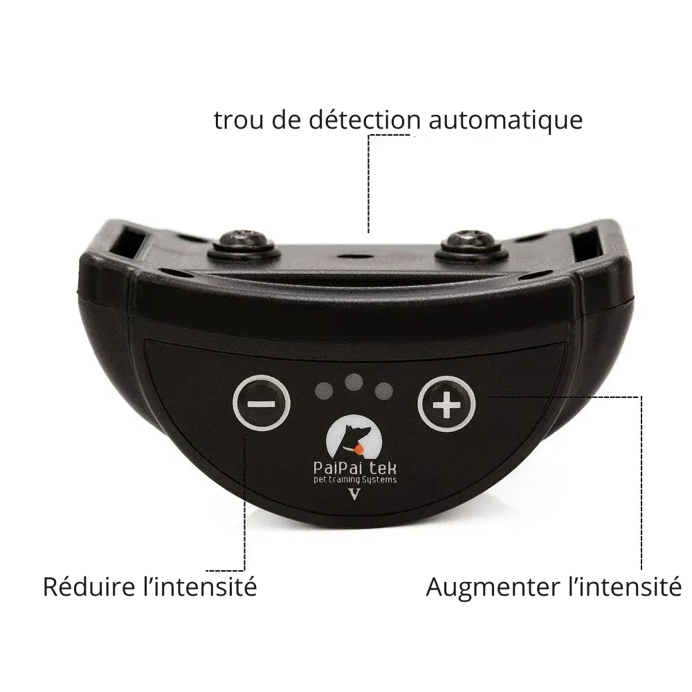 Collier chien anti aboiement montre le détail de fonctionnement. Le collier possède un trou de détection automatique, et des boutons pour augmenter et réduire l'intensité. Image produit Boutiquechien