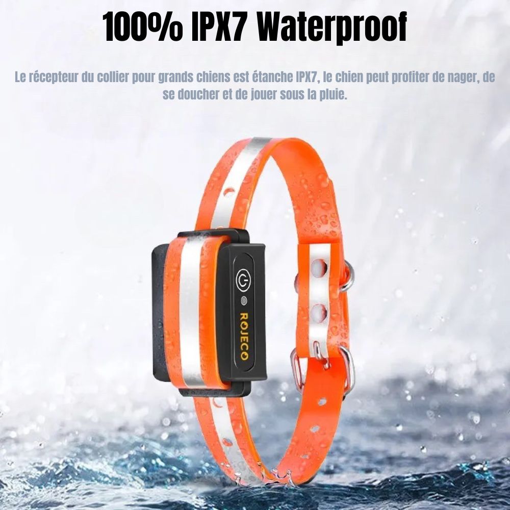 Collier chien orange pouvant résistant à l'eau grâce à sa résistance IPX7 100% waterproof