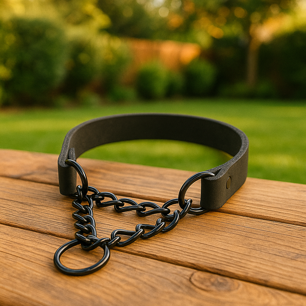 Collier chien etrangleur de couleur noir posé sur une table à l'extérieur dans un jardin verdoyant. image produit Boutiquechien