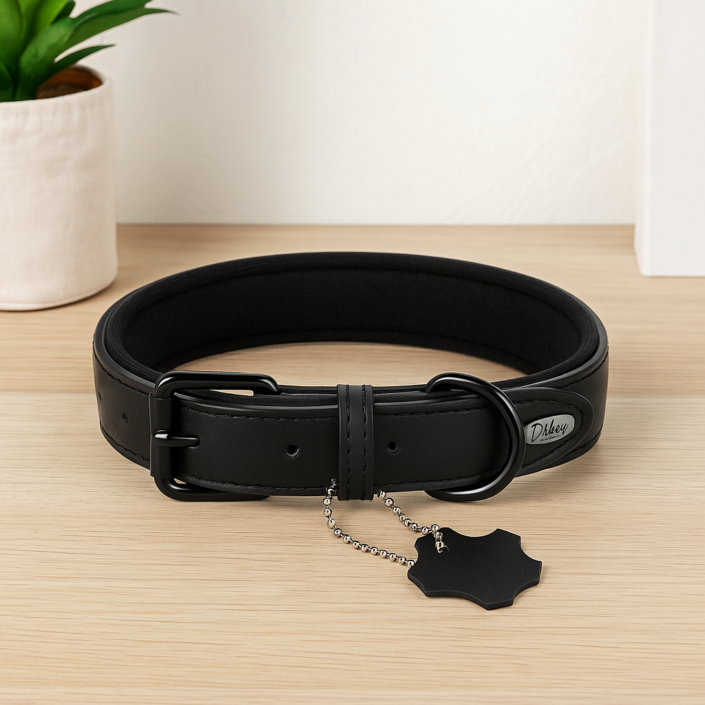 Collier chien de couleur noir design. Le collier est aussi très résistant et de grandes qualité. Collier posé sur une table de couleur claire. Image produti Boutiquechien