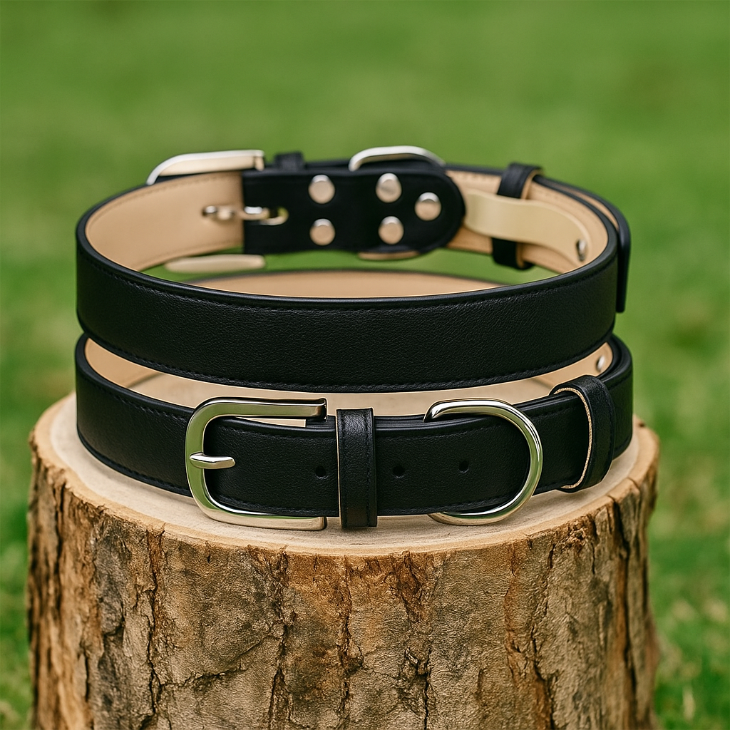 Collier chien de couleur noir style cuir posé sur un tronc d'arbre avec en fond de l'Herbe verte. Image produit Boutiquechien