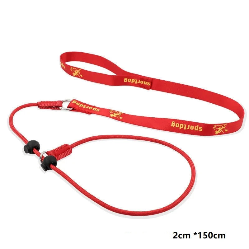 collier et laisse étrangleuse de couleur rouge pour chien. La laisse et le collier mesurent 1M50. Image produit Boutiquechien