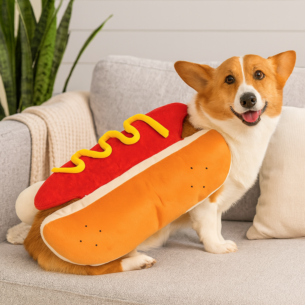 Corgi de couleur blanc et brun portant un déguisement  hot dog pour chien brun et rouge de boutiquechien. Le chien est sur un canapé gris avec en fond une plante verte de boutiquechien