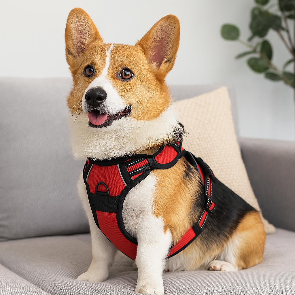 Corgi brun et blanc assis sur un canapé de couleur gris avec un oreille rose et une plante verte. Le chien est assis sur canapé avec un harnais pour chien de couleur rouge