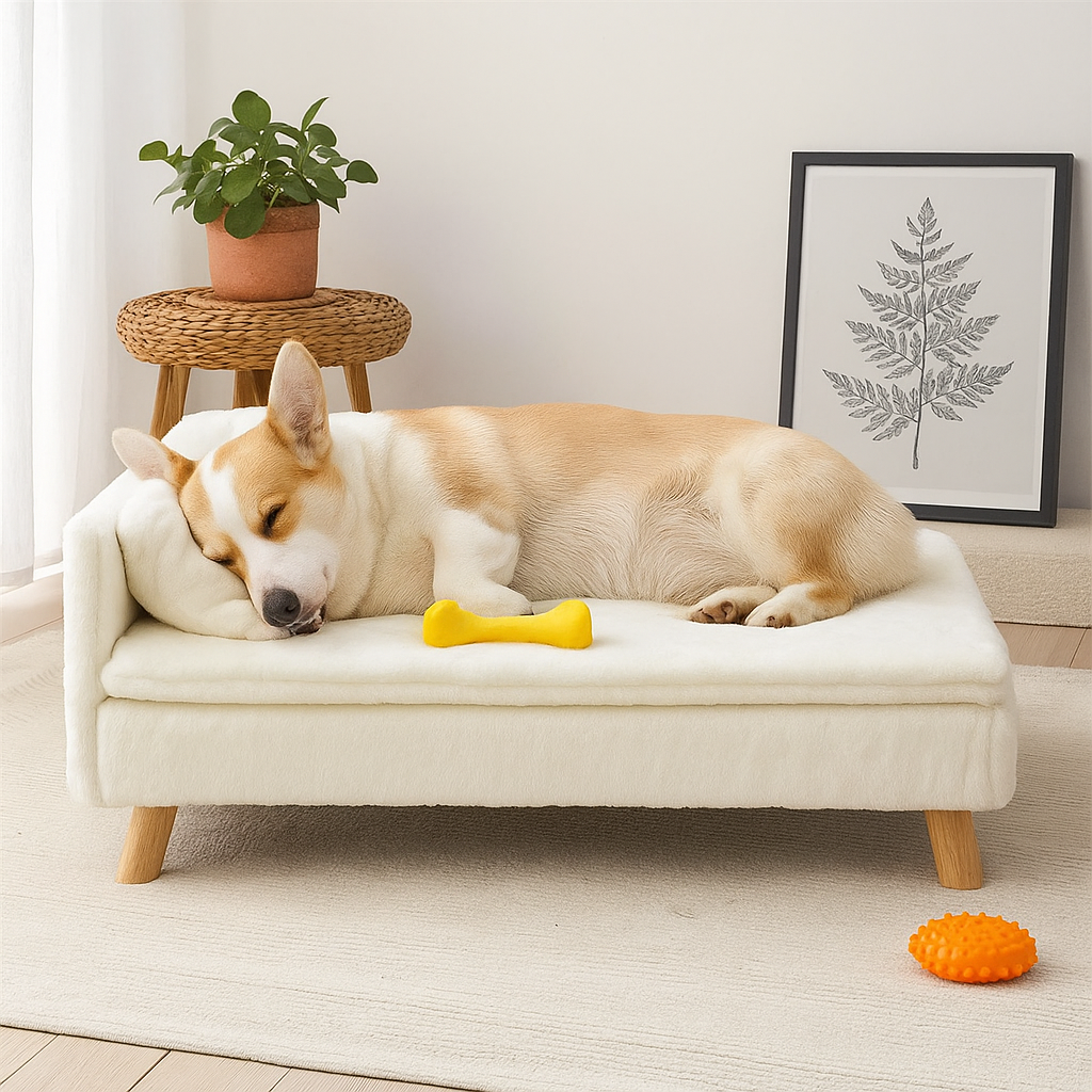 Corgi brun et banc couché sur le canapé de couleur bleu avec en fond un tableau et une plante verte. Image produit Boutiquechien