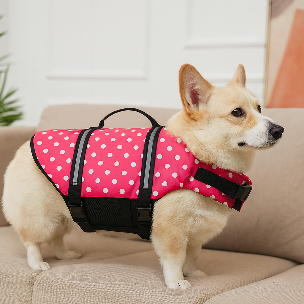 Corgi de couleur blanc avec un gilet de sauvetage de couleur rose avec des pois blanc dessus. Le chien est debout sur un canapé gris. Image produit Boutiquechien