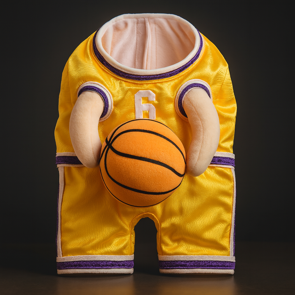 costume pour chien en forme de basketteur de couleur jaune avec le numéro 6. Le déguisement est un basketteur tenant un ballon de basket de couleur orange de boutiquechien
