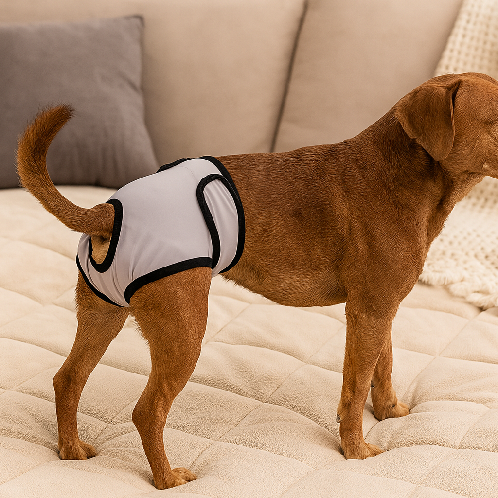 Chien de couleur brun portant une couche menstruel pour chien de couleur gris. Le chien est debout sur un canapé claire. Image produit Boutiquechien