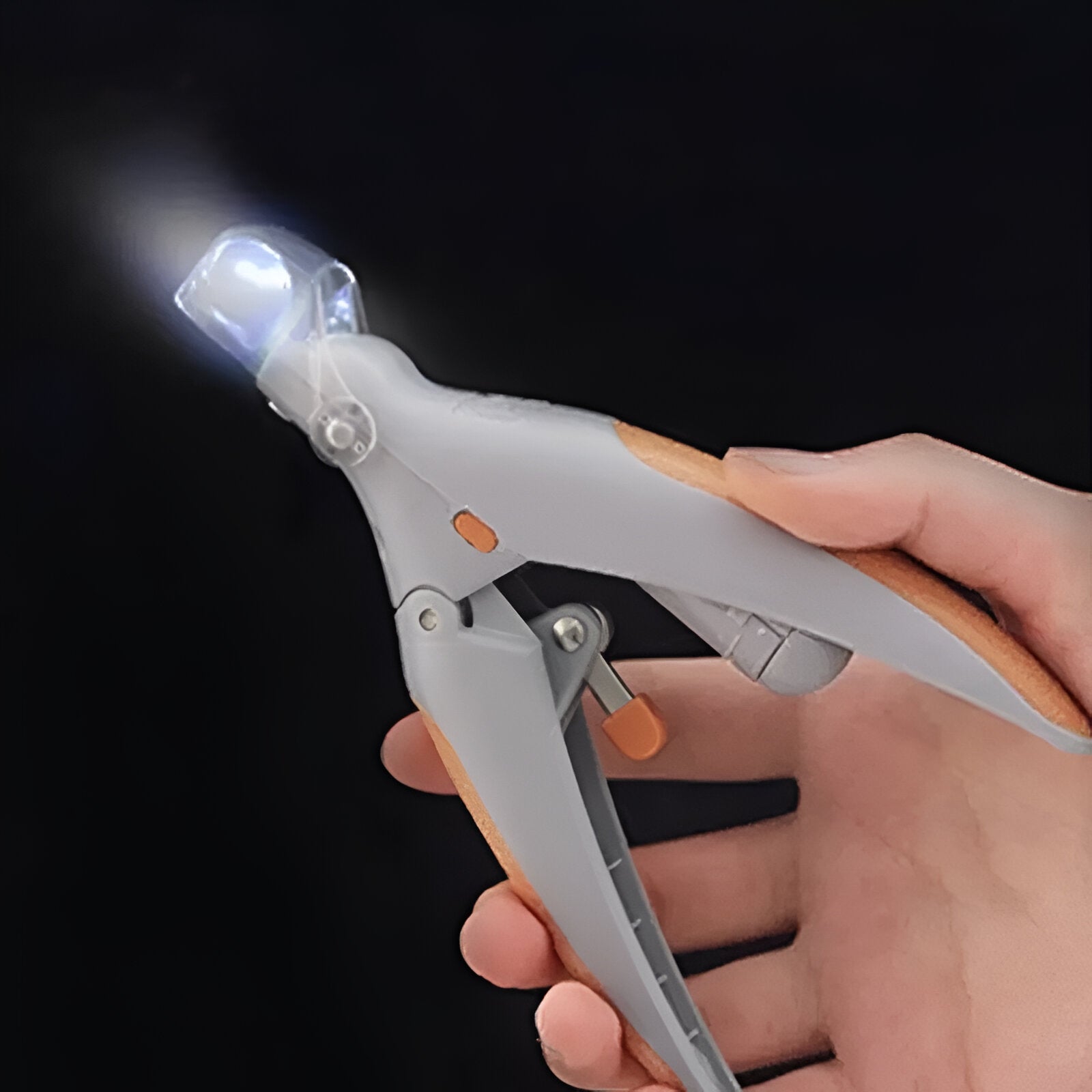 Led intégré au coupe ongle pour chien de couleur orange et gris maintenu par une main. Image produit Boutiquechien