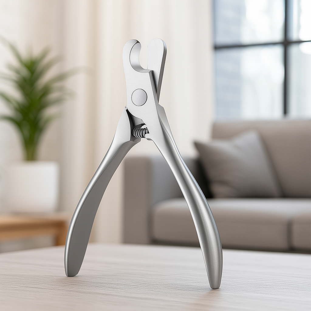 coupe ongle pour chien en argent. Le produit est posé sur une table beige avec en fond une plante verte et un canapé gris. Image produit Boutiquechien