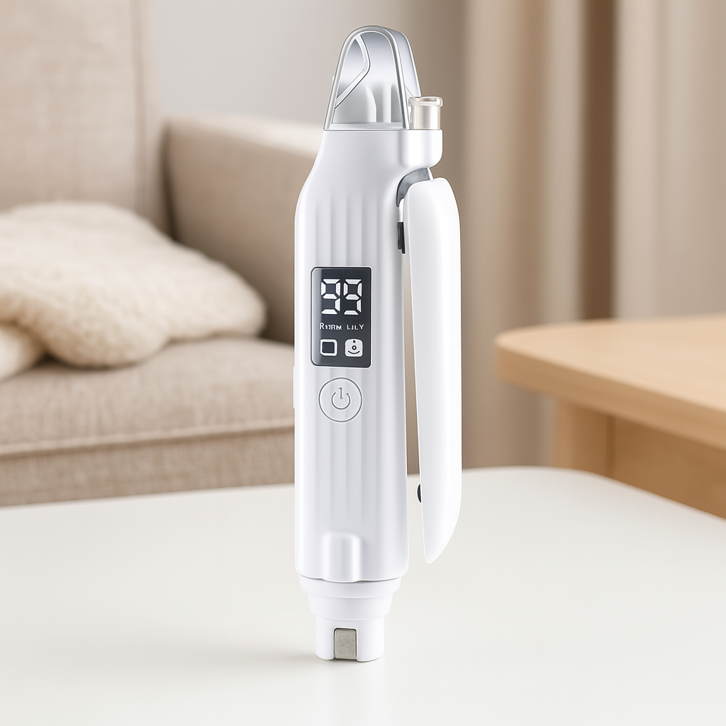 Coupe ongle électrique pour chien de couleur blanc mis en valeur dans un salon de couleur claire. En fond il y a un canapé gris et une table basse blanche sur lequel repose le produit. Image produit Boutiquechien