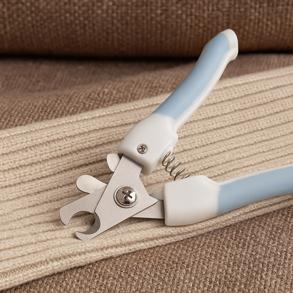 coupe ongle pour chien de couleur blanc et bleu posé sur du tissu de couleur beige. Image produit Boutiquechien