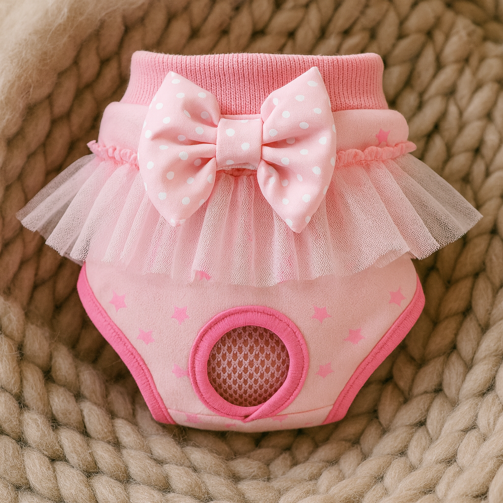 culotte pour chien de couleur rose avec des étoiles roses. La culotte pour chien possède un noeud papillon rose avec des pois blanc. Image produit Boutiquechien