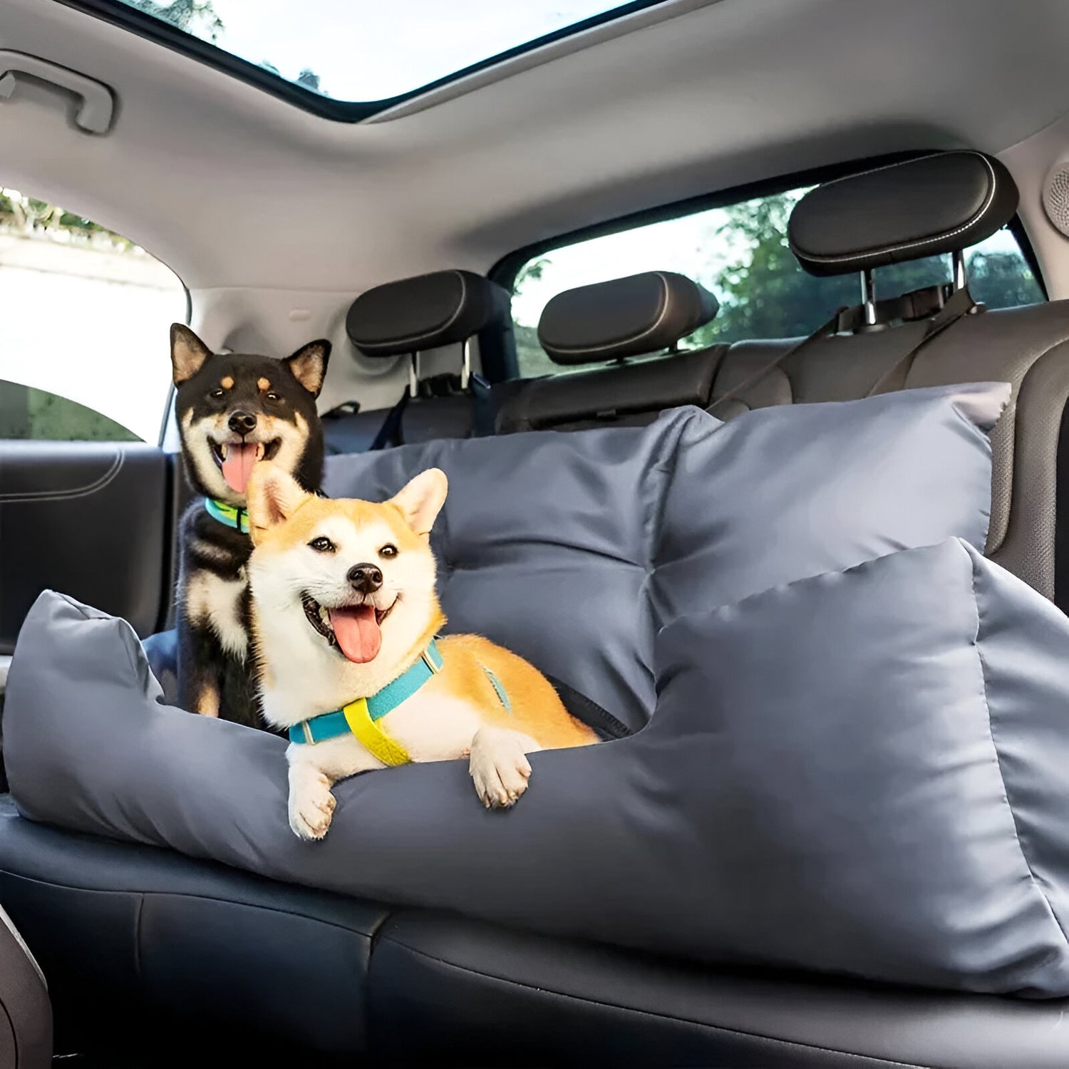 deux moyen chien couché dans un panier de grande taille moelleux protégeant les sièges noir de la voiture. Image produit Boutiquechien