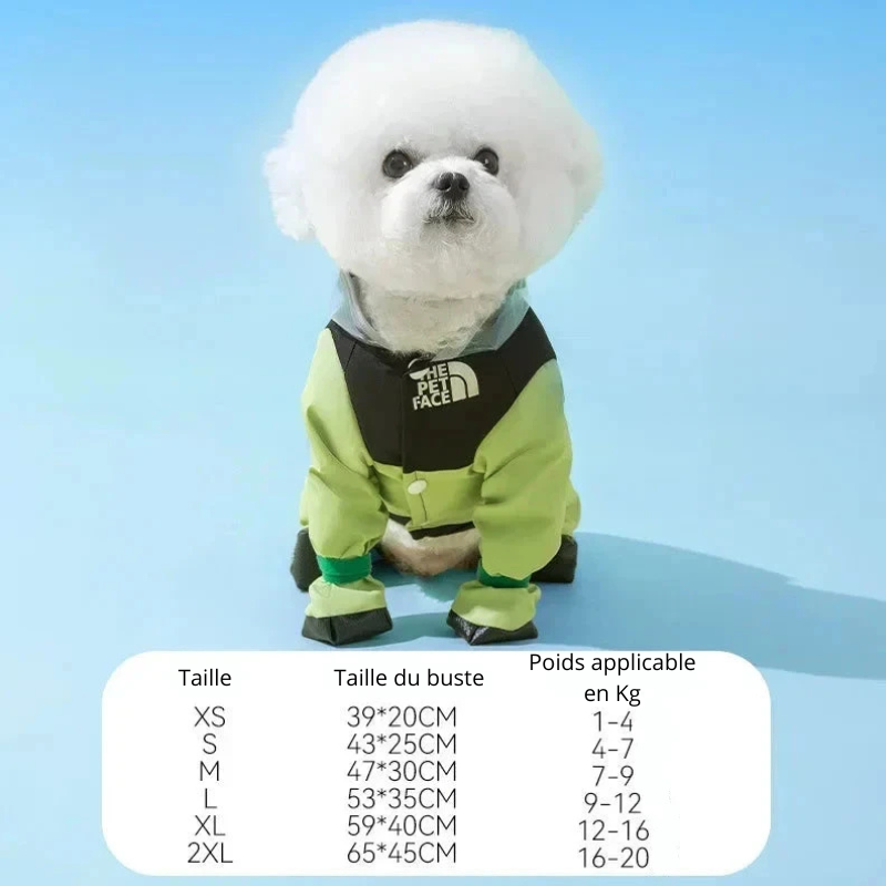 Dimension total de l'imper de couleur vert et noir avec toutes les tailles en tableau de boutiquechien