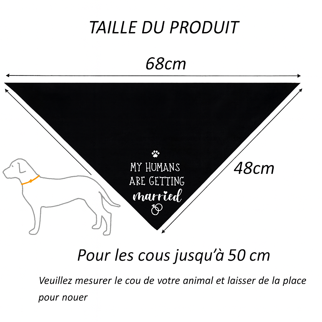 dimension total du bandana pour chien de couleur noir avec toutes les instructions de tailles. Image produit Boutiquechien