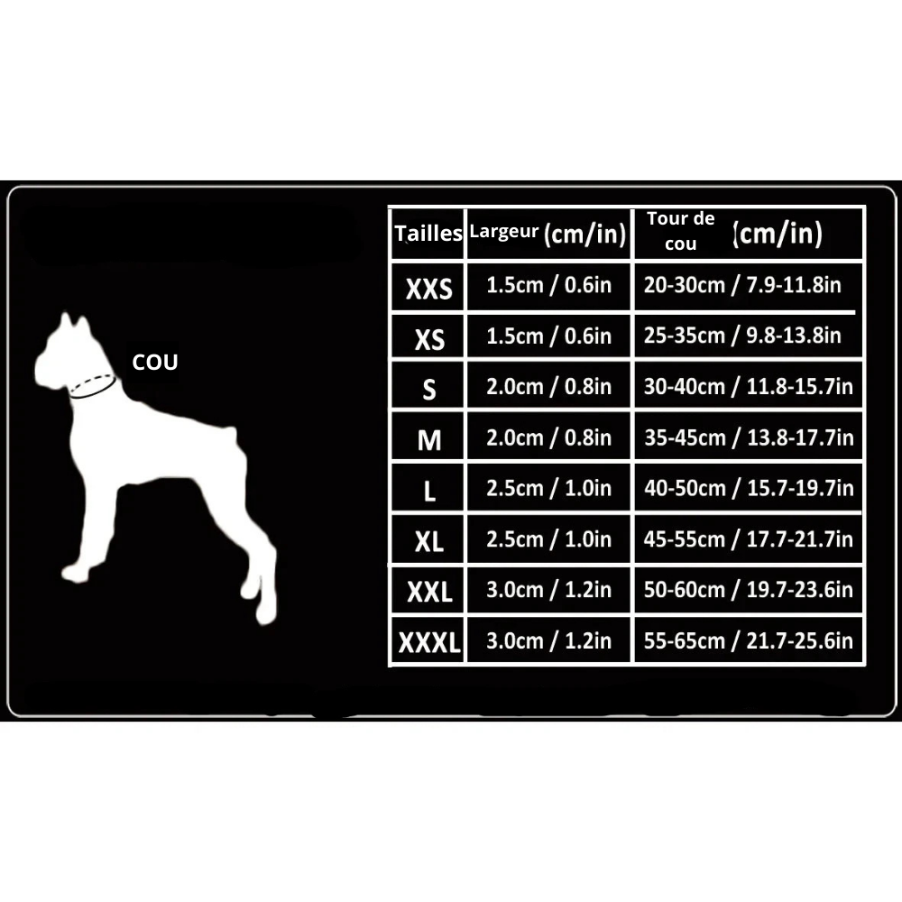 toutes les dimension du collier étrangleur chien en nylon de Boutiquechien