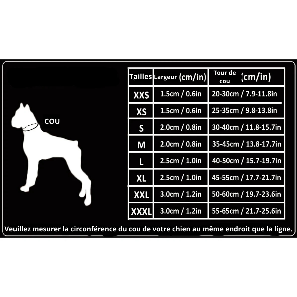 Dimension total du collier étrangleur pour chien bleu et gris. Taille du tour de cou pour trouver le bon collier. Tableau de boutiquechien